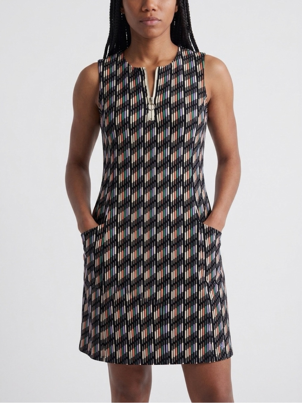 Bad & Birdie Black Multi Geometric Zip Neck Sleeveless T-Shirt Dress M